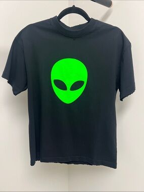 Balenciaga Black Tee with Neon Green Alien Motif
